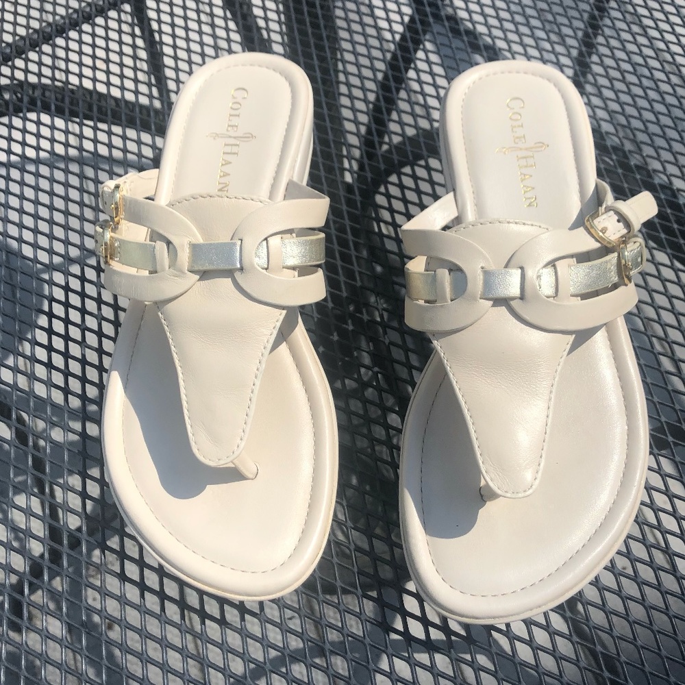 Cole Haan Nike Air Thong Wedge Sandals,  cream &  silver w/ gold buckles